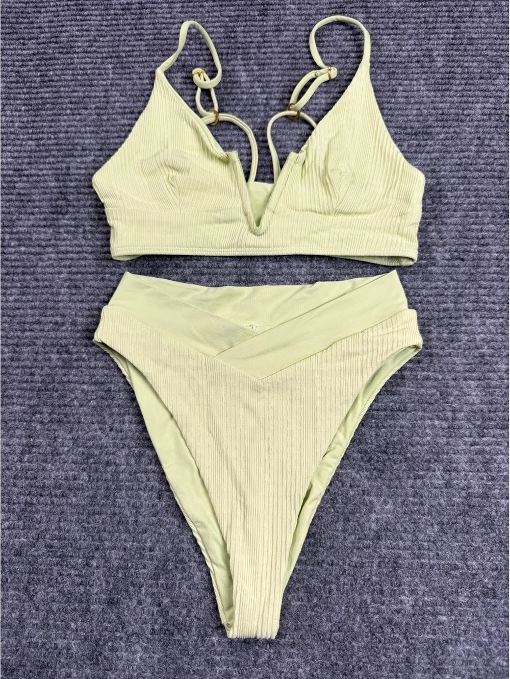 L*Space Bitsy Ribbed Bikini Set Sage Green Size Small V Wire High Leg USA
